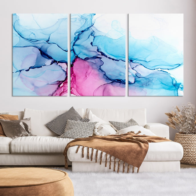 Arte de pared grande con efecto fluido de mármol azul y rosa, lienzo abstracto moderno, impresión artística de pared