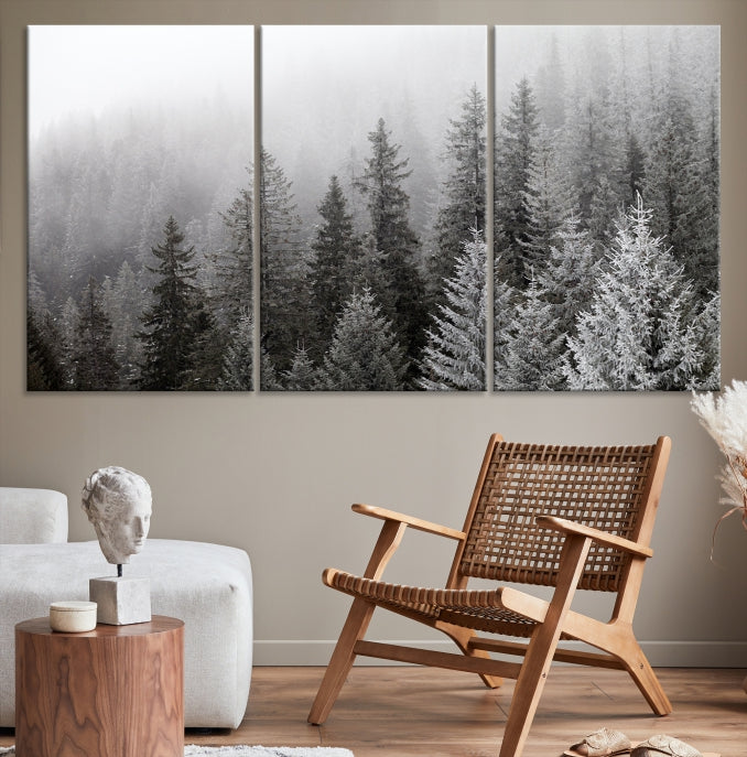 Gran bosque de niebla y bosque de árboles brumosos, arte de pared grande, impresión en lienzo