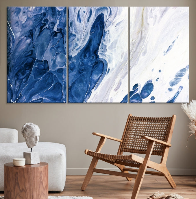 Arte de pared grande con efecto fluido de mármol azul marino, lienzo abstracto moderno, impresión artística de pared