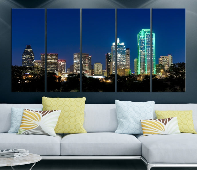 Impresión en lienzo de arte de pared grande con vista del paisaje urbano del horizonte azul nocturno de las luces de la ciudad de Dallas