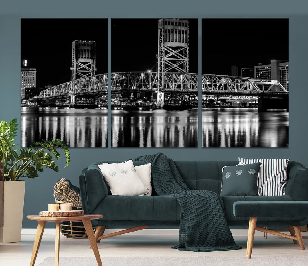 The Jacksonville City Bridge Night Wall Art Canvas Print is a black and white triptych depicting the city bridge at night. It features a UV-protective coating on museum-quality canvas.