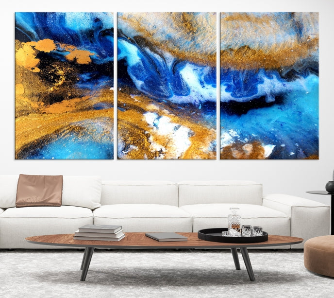 Blue Orange Marble Fluid Effect Wall Art Abstract Canvas Wall Art Print