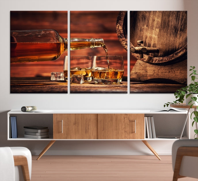 Lienzo decorativo para pared grande con whisky y barril