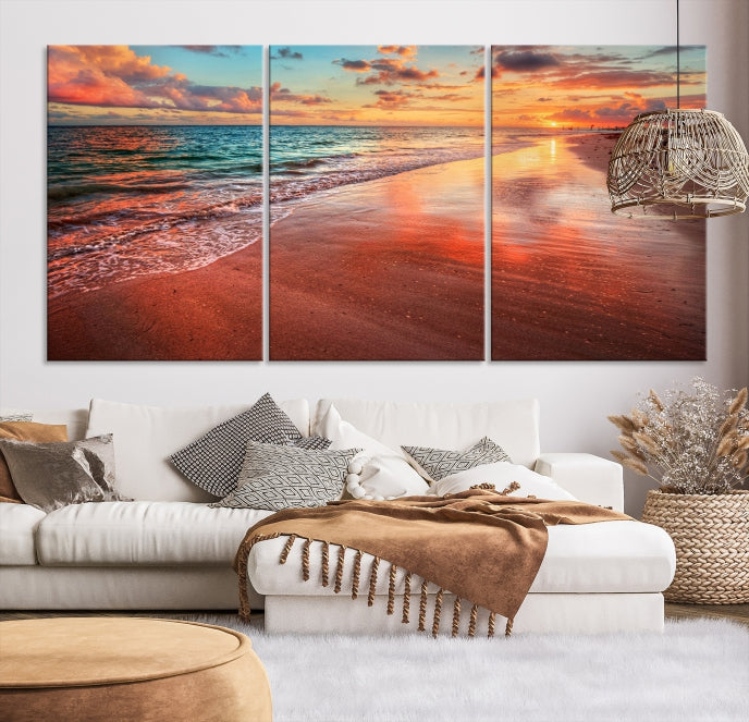 The "Beach and Red Sunset Wall Art Canvas Print" features a triptych of a vibrant beach sunset. These museum-quality canvases come with a UV-protective coating and are ready to hang, offering an instant touch of elegance.