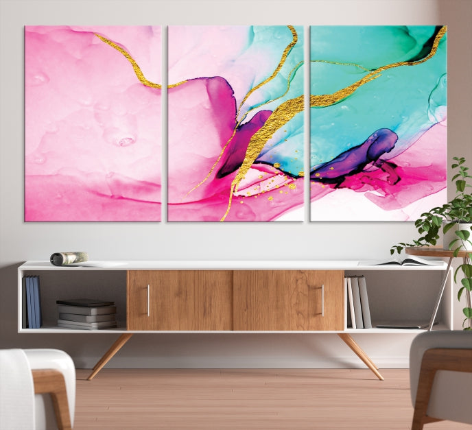 Impresión de arte de pared grande con efecto fluido de mármol rosa y dorado, lienzo abstracto moderno