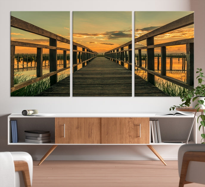 Sunset and Wood Bridge Wall Art Canvas Print