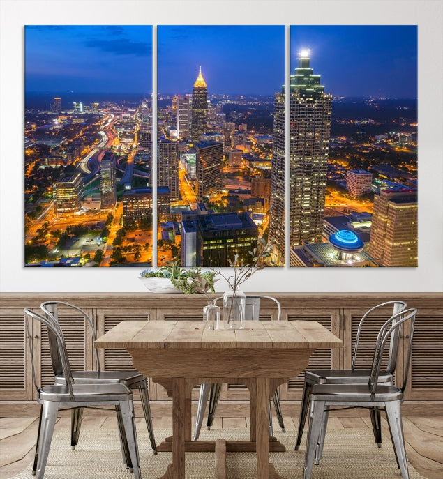 Arte de pared grande con vista del paisaje urbano del horizonte azul nocturno de las luces de la ciudad de Atlanta Impresión en lienzo