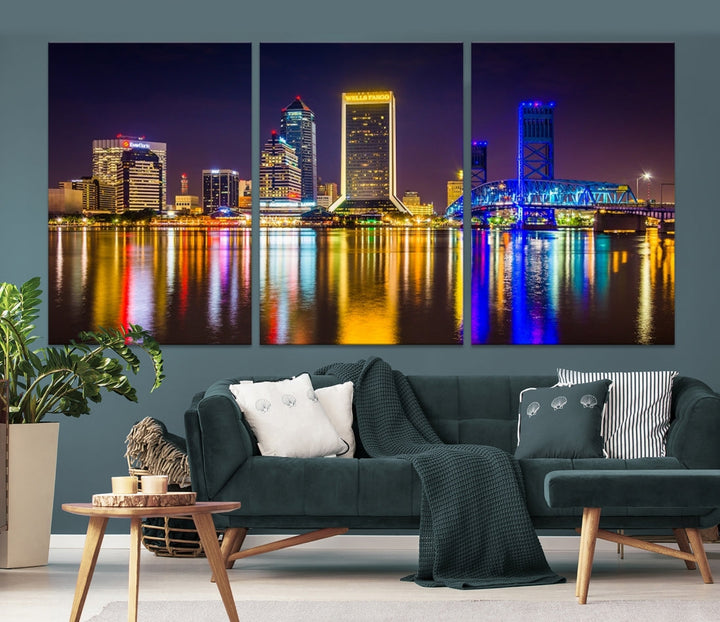 The Jacksonville City cityscape wall art captures a vibrant city skyline at night with colorful reflections in the water and is elegantly displayed on museum-quality gallery wrapped canvas.