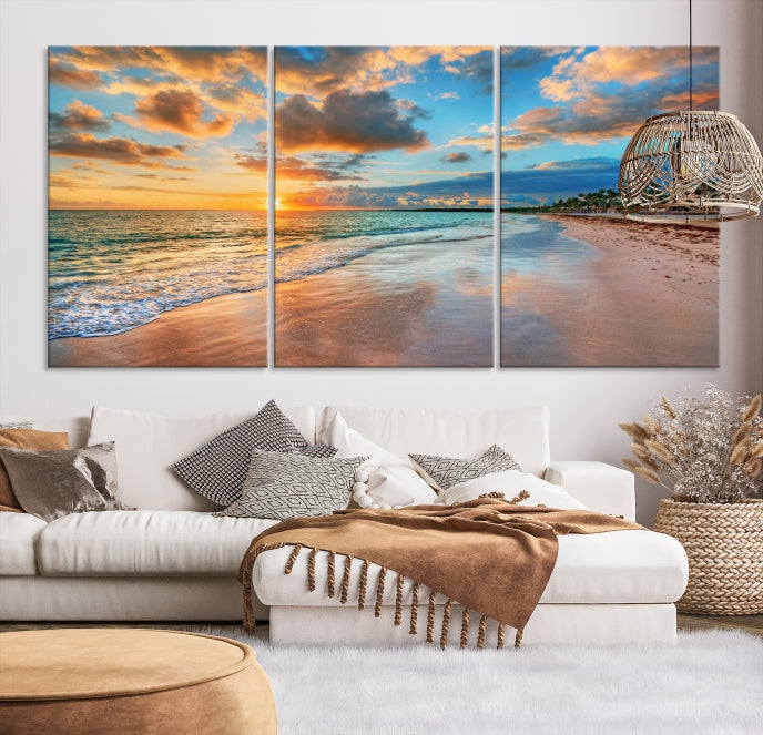 Sunset Beach Canvas Wall Art – Tropical Triptych Seascape Print – Coastal Ocean Decor for Living Room or Bedroom – Ready to Hang