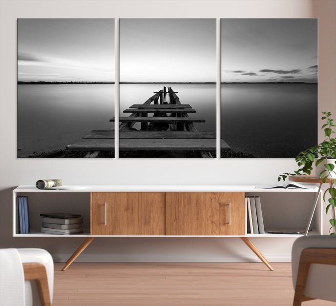 Wood Pier and Sea Wall Art Canvas Print