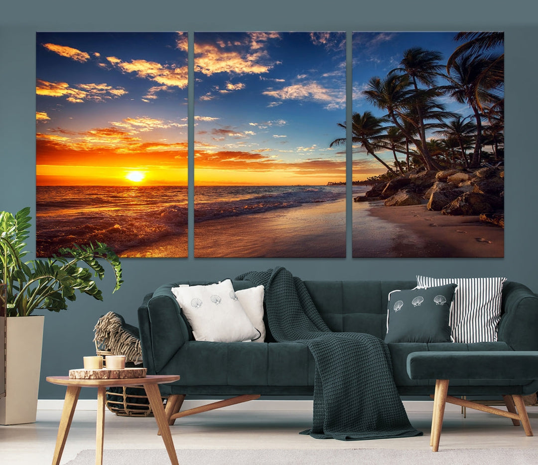 Lienzo de playa de océano, lienzo de playa, puesta de sol costera, isla tropical, playa, puesta de sol, impresión para sala de estar, hogar, oficina, arte de pared de playa, arte de pared de mar