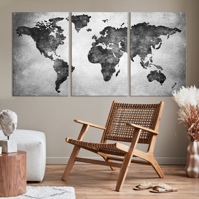 Black and Gray World Map Canvas Wall Art Print