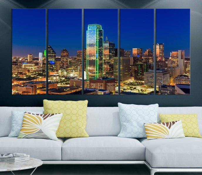 Dallas City Lights Night Blue Skyline Cityscape View Wall Art Impression sur toile