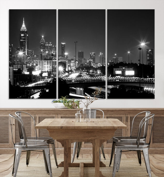 Skyline de luces de la ciudad de Atlanta Arte de pared en blanco y negro Paisaje urbano Lienzo