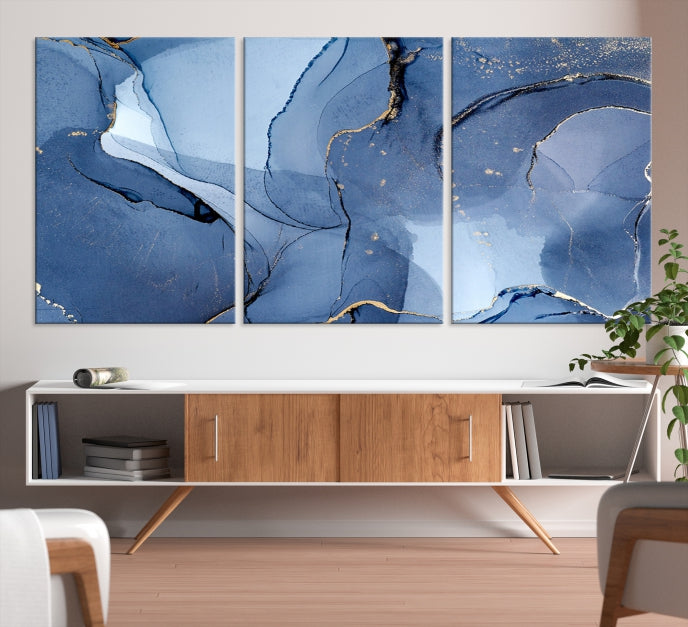 Arte de pared grande con efecto fluido de mármol azul, lienzo abstracto moderno, impresión artística de pared