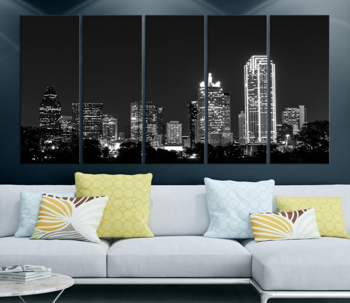 Dallas City Lights Skyline Art mural noir et blanc Paysage urbain Impression sur toile