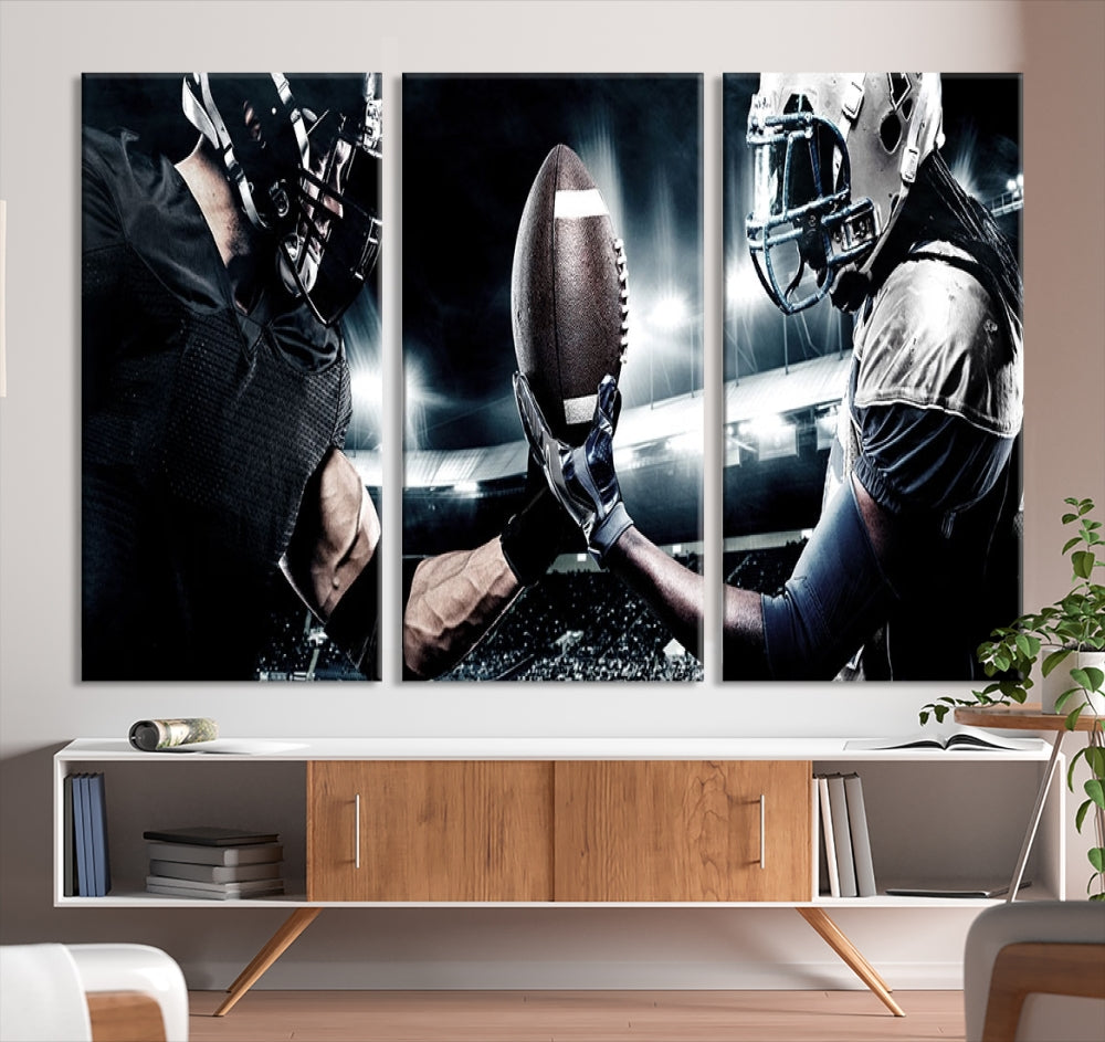 A modern living room features the "American Football Wall Art Canvas Print," a triptych of museum-quality canvases showcasing American football players.