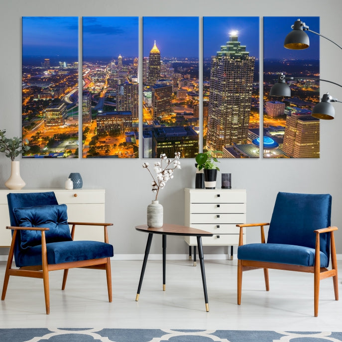 Arte de pared grande con vista del paisaje urbano del horizonte azul nocturno de las luces de la ciudad de Atlanta Impresión en lienzo