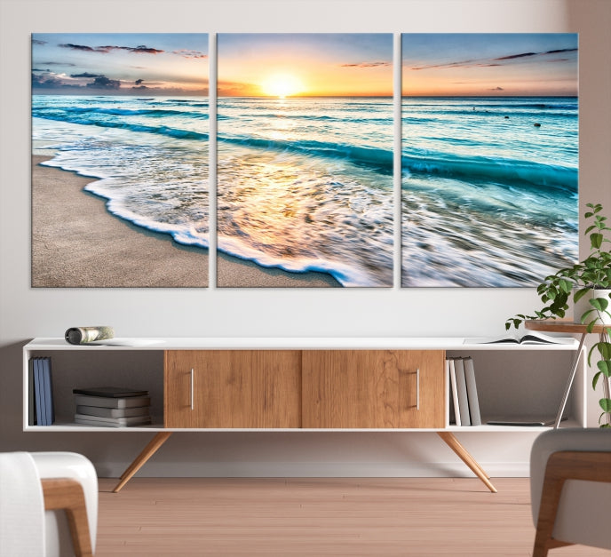 Sunset Beach Waves Canvas Wall Art – 5-Panel Ocean Sunset Print – Coastal Decor for Living Room or Bedroom – Ready to Hang