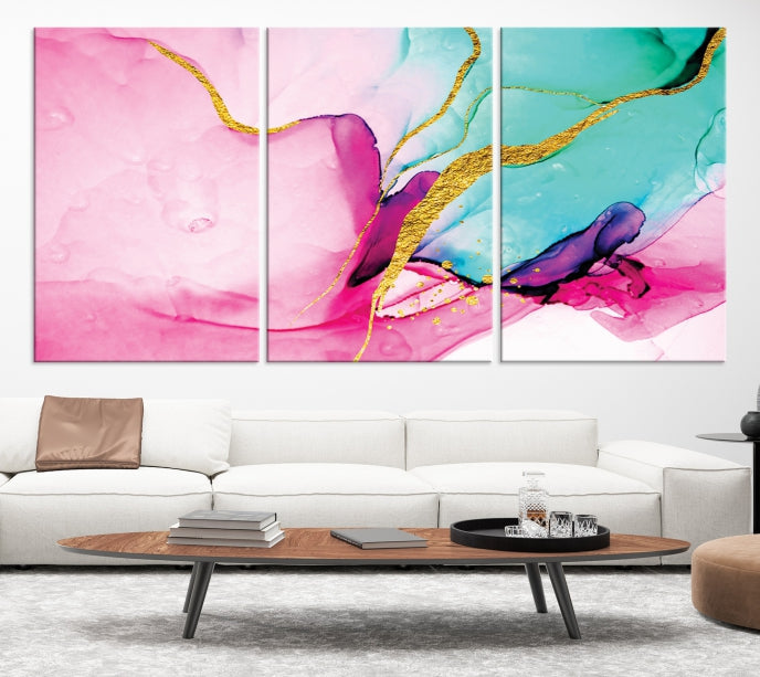 Impresión de arte de pared grande con efecto fluido de mármol rosa y dorado, lienzo abstracto moderno