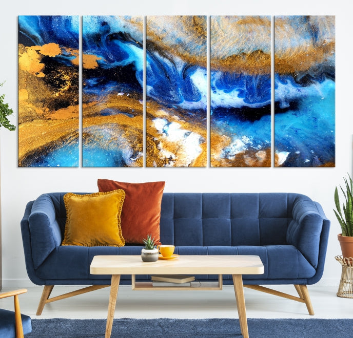 Blue Orange Marble Fluid Effect Wall Art Abstract Canvas Wall Art Print