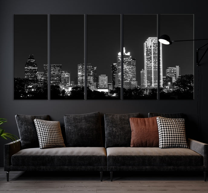 Dallas City Lights Skyline Art mural noir et blanc Paysage urbain Impression sur toile