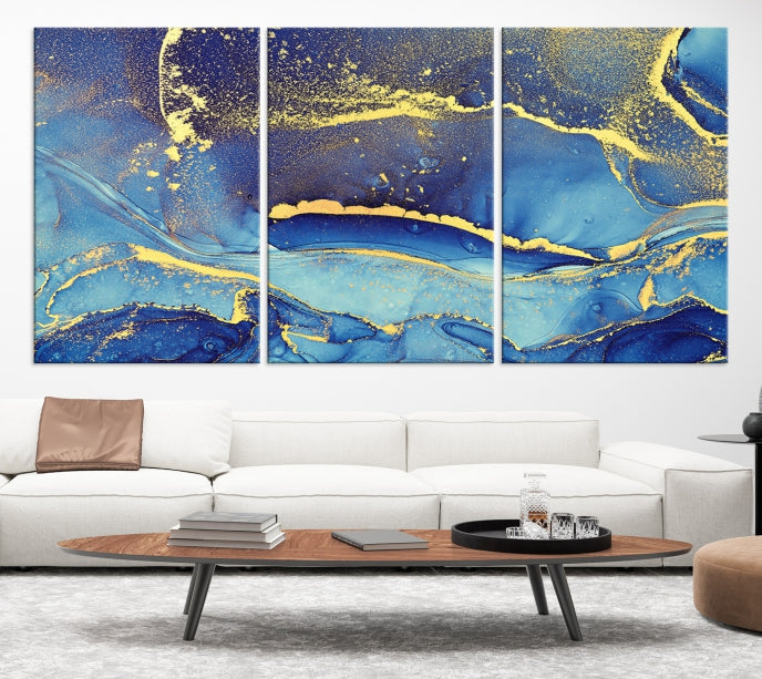 Splash Yellow Color Blue Marble Abstract Canvas Wall Art Print