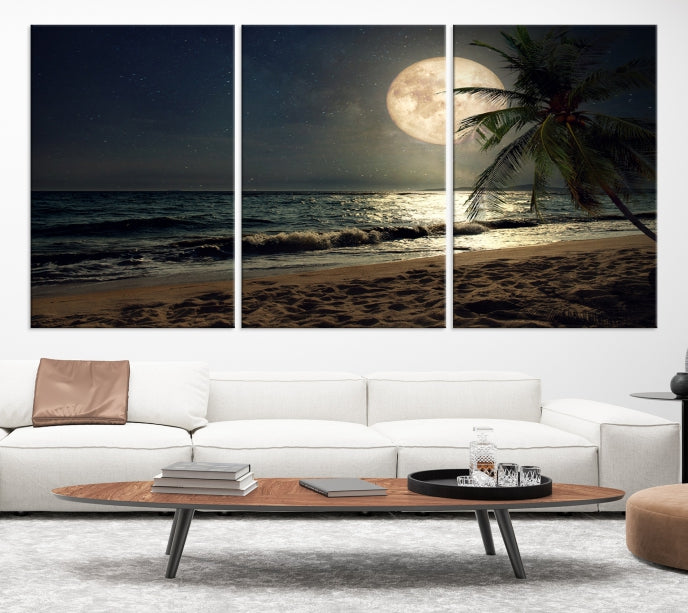 Arte de pared de playa tropical y luna Lienzo