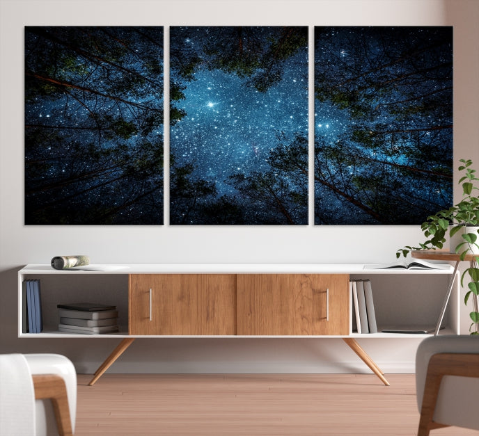 Impression sur toile d’art mural forêt et étoiles