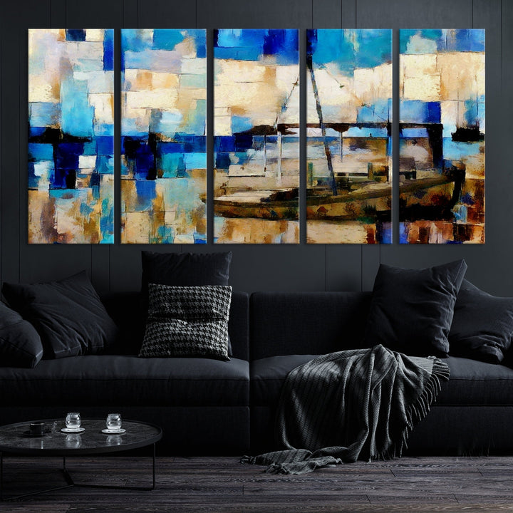 Peinture abstraite de bateau sur toile, impression d'art mural, impression d'art nautique