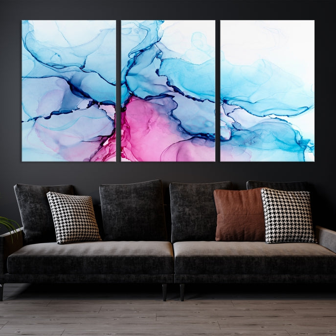 Arte de pared grande con efecto fluido de mármol azul y rosa, lienzo abstracto moderno, impresión artística de pared