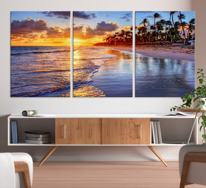 Tropical Sunset Beach Canvas Wall Art – Coastal Triptych Landscape Print – Ocean Sunset Decor for Living Room or Bedroom – Ready to Hang