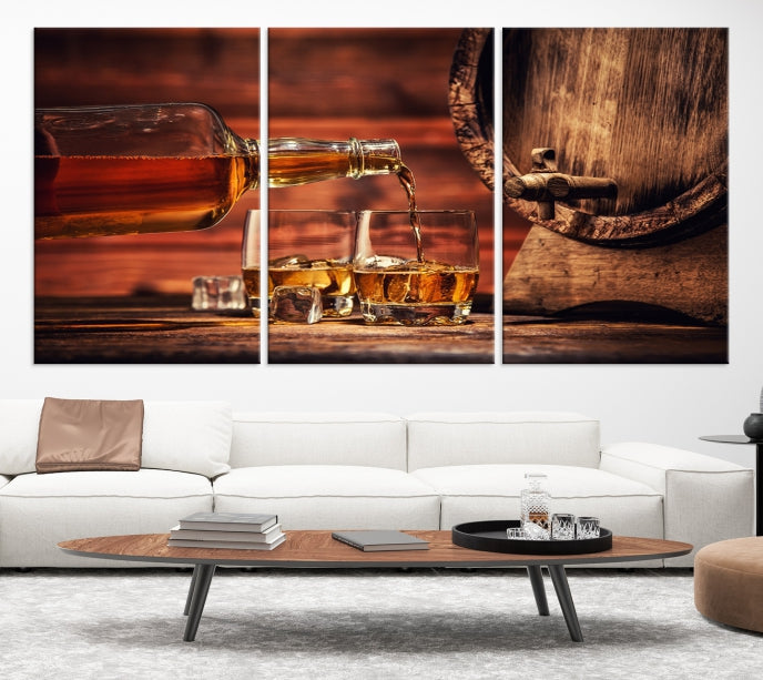 Lienzo decorativo para pared grande con whisky y barril