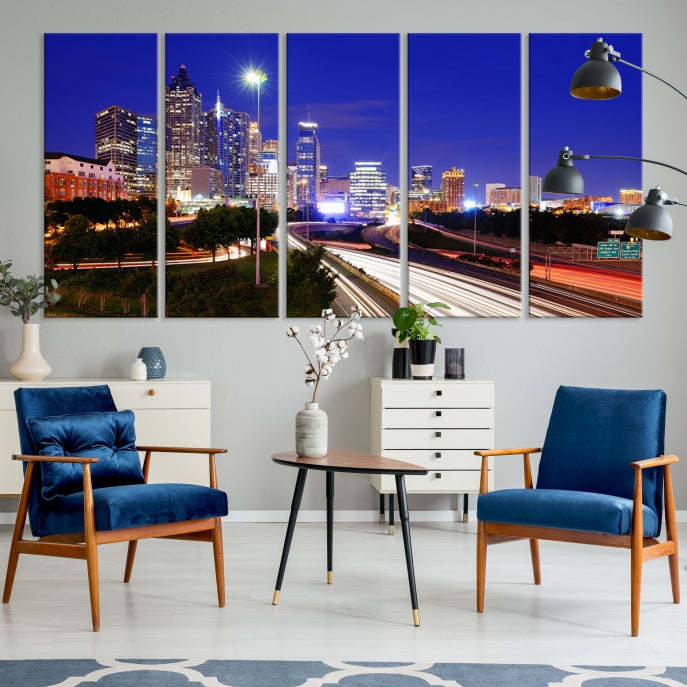 Arte de pared grande con vista del paisaje urbano del horizonte azul nocturno de las luces de la ciudad de Atlanta Impresión en lienzo