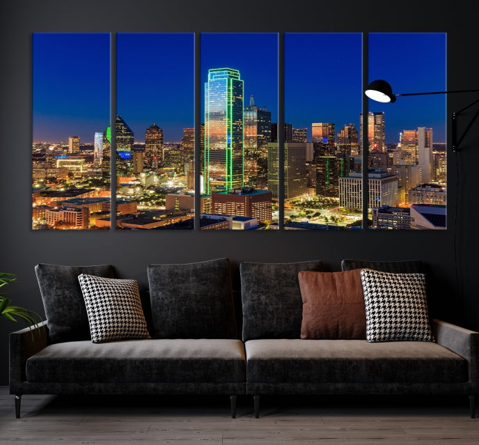 Impresión en lienzo de arte de pared grande con vista del paisaje urbano del horizonte azul nocturno de las luces de la ciudad de Dallas