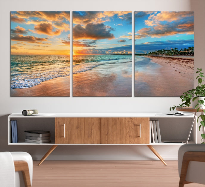 Sunset Beach Canvas Wall Art – Tropical Triptych Seascape Print – Coastal Ocean Decor for Living Room or Bedroom – Ready to Hang