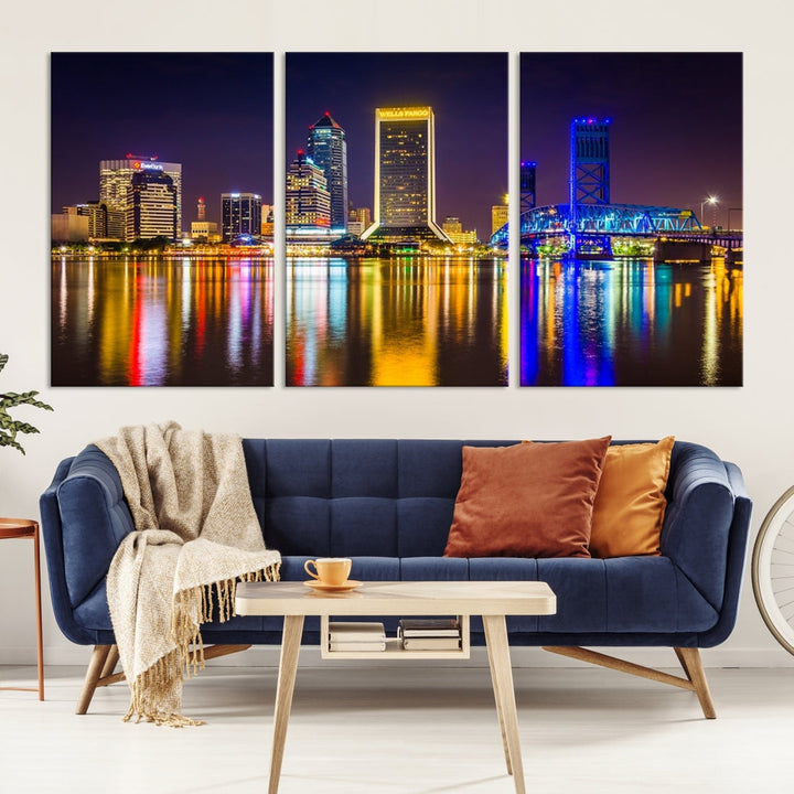 The Jacksonville City cityscape wall art captures a vibrant city skyline at night with colorful reflections in the water and is elegantly displayed on museum-quality gallery wrapped canvas.