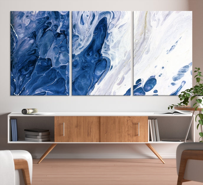 Arte de pared grande con efecto fluido de mármol azul marino, lienzo abstracto moderno, impresión artística de pared