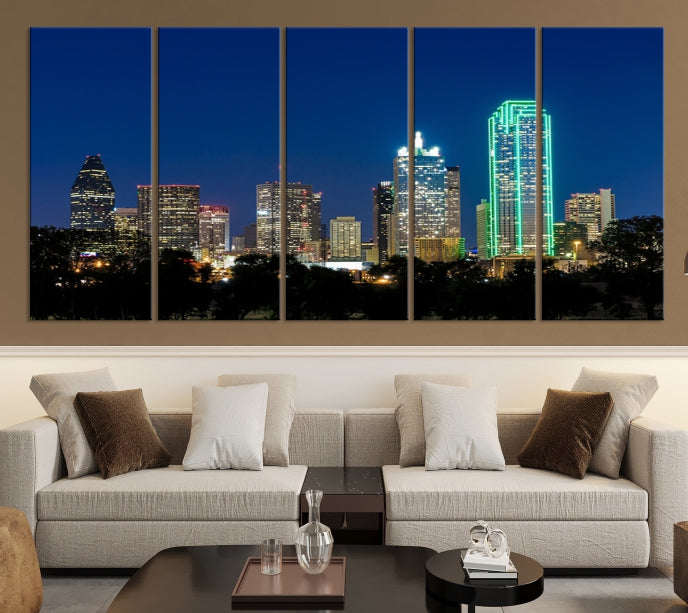 Impresión en lienzo de arte de pared grande con vista del paisaje urbano del horizonte azul nocturno de las luces de la ciudad de Dallas