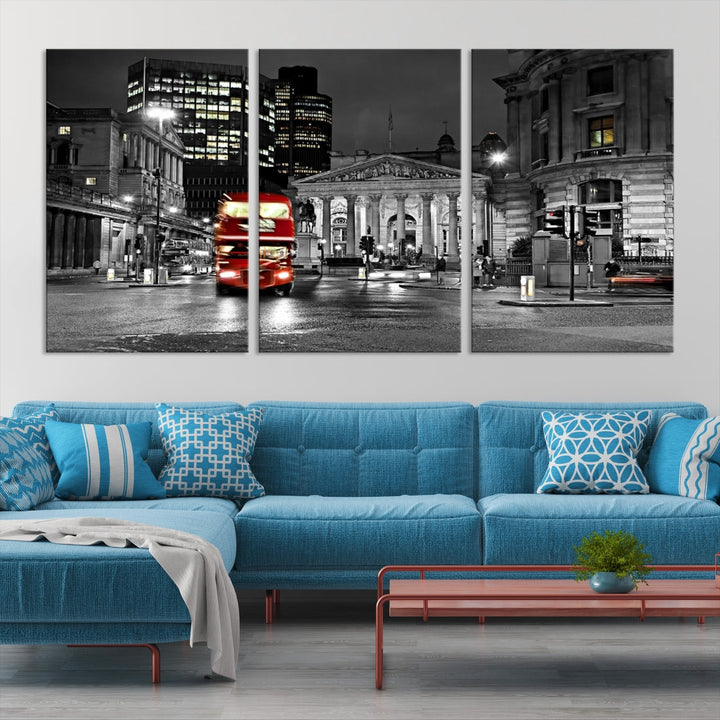 London Night Red Bus Wall Art Canvas Print, London Black and White Wall Art