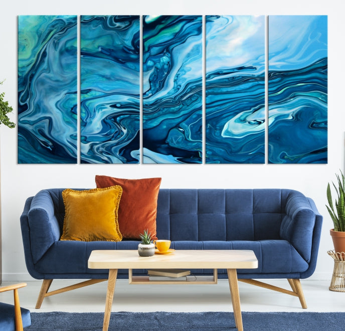 Arte de pared grande con efecto fluido de mármol azul marino, lienzo abstracto moderno, impresión artística de pared