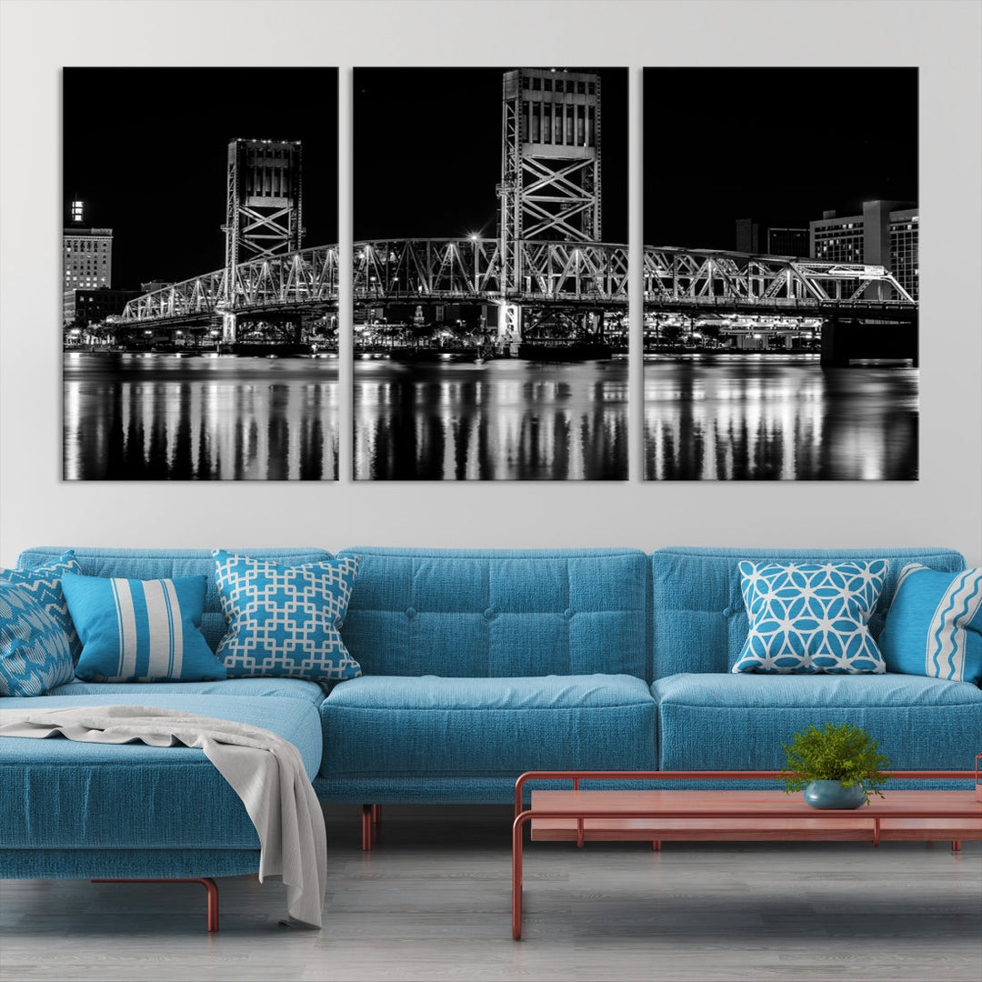 The Jacksonville City Bridge Night Wall Art Canvas Print is a black and white triptych depicting the city bridge at night. It features a UV-protective coating on museum-quality canvas.