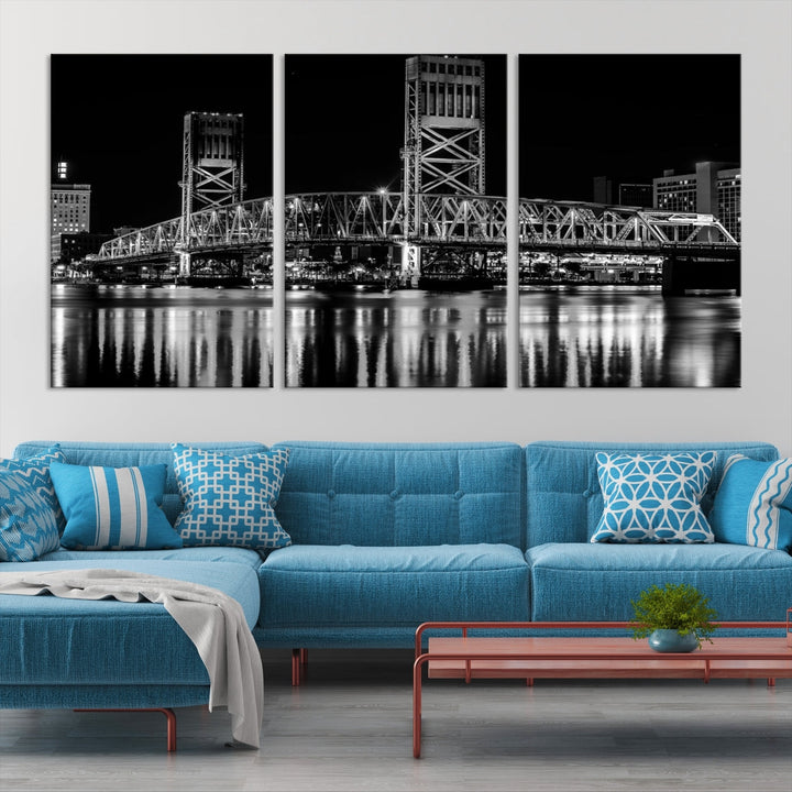 The Jacksonville City Bridge Night Wall Art Canvas Print is a black and white triptych depicting the city bridge at night. It features a UV-protective coating on museum-quality canvas.