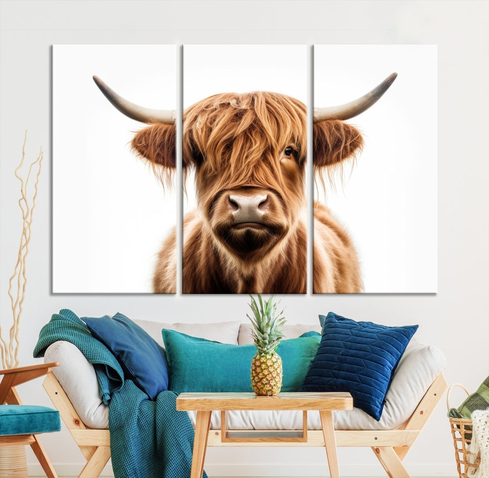 A Scottish Highland Cow Canvas Print, featuring a trio of panels depicting a long-haired, large-horned Highland cow on museum-quality canvas with UV protection, was displayed.