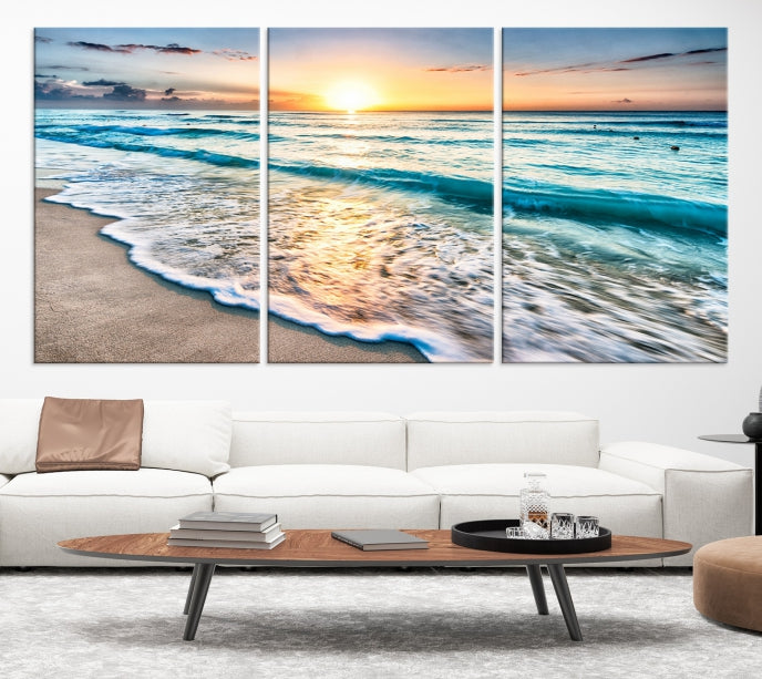 Sunset Beach Waves Canvas Wall Art – 5-Panel Ocean Sunset Print – Coastal Decor for Living Room or Bedroom – Ready to Hang