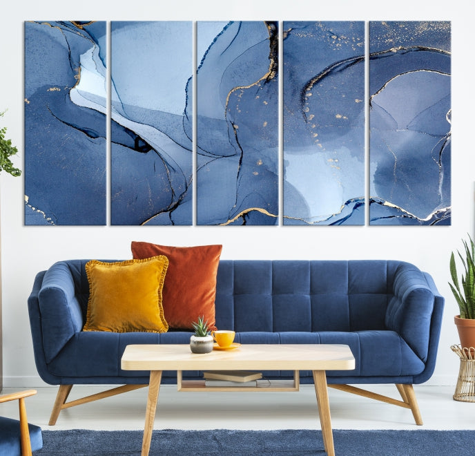 Arte de pared grande con efecto fluido de mármol azul, lienzo abstracto moderno, impresión artística de pared