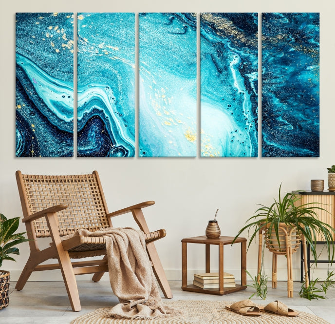 Neon Blue and Gold Marble Fluid Effect Wall Art Abstract Canvas Wall Art Print