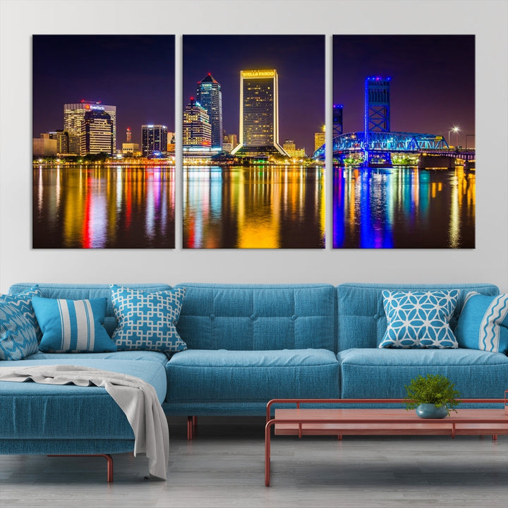 The Jacksonville City cityscape wall art captures a vibrant city skyline at night with colorful reflections in the water and is elegantly displayed on museum-quality gallery wrapped canvas.