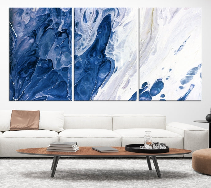 Arte de pared grande con efecto fluido de mármol azul marino, lienzo abstracto moderno, impresión artística de pared