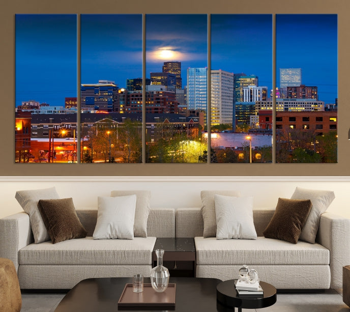 Impresión en lienzo de arte de pared grande con vista del paisaje urbano del horizonte azul nocturno de las luces de la ciudad de Denver